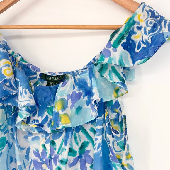 Ralph Lauren Blue Green Floral 100% Silk Ruffle Collar Top Size 12 - Picture 2 of 6